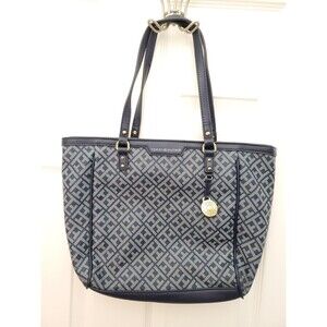 Tommy Hilfiger Blue Monogram Purse Handbag W/ Charm VGUC 14x10x3